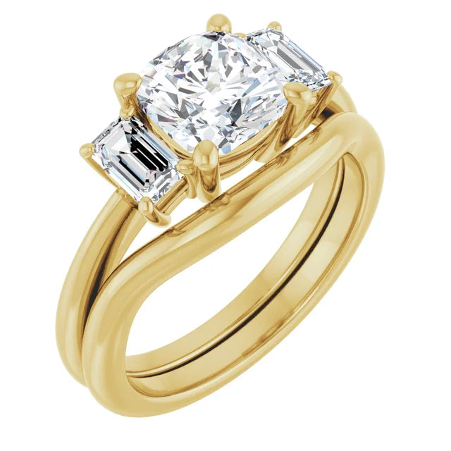 Cushion Yellow Gold Tri Stone Moissanite Engagement Ring