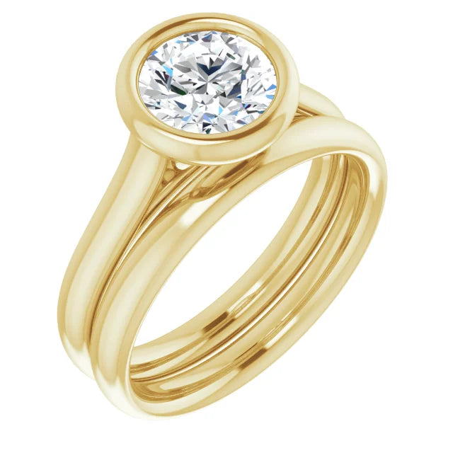 Round Brilliant Yellow Gold Solitaire Bezel Moissanite Engagement Ring
