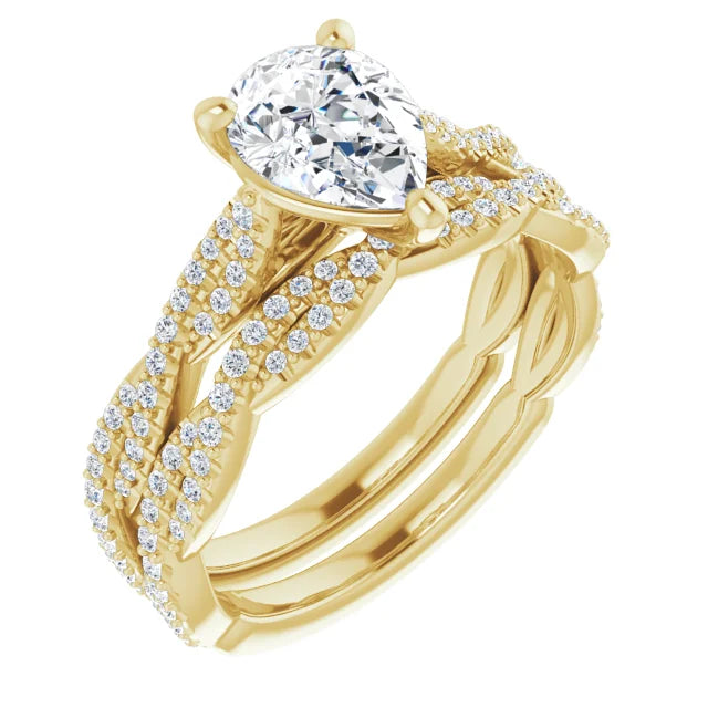 Pear Yellow Gold Twist Pave Moissanite Engagement Ring