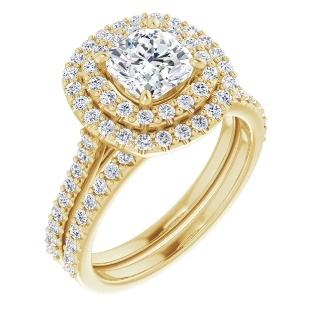 Cushion Double Halo Yellow Gold Moissanite Engagement Ring