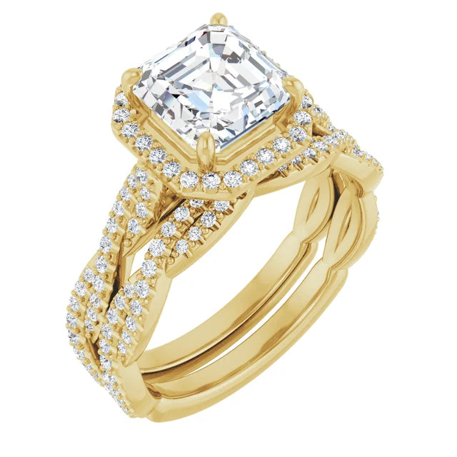 Asscher Yellow Gold Halo Twist Pave Moissanite Engagement Ring