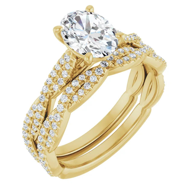 Oval Yellow Gold Twist Pave Moissanite Engagement Ring