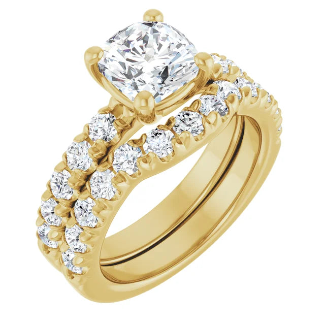 Cushion Yellow Gold Four Claw Pave Moissanite Engagement Ring