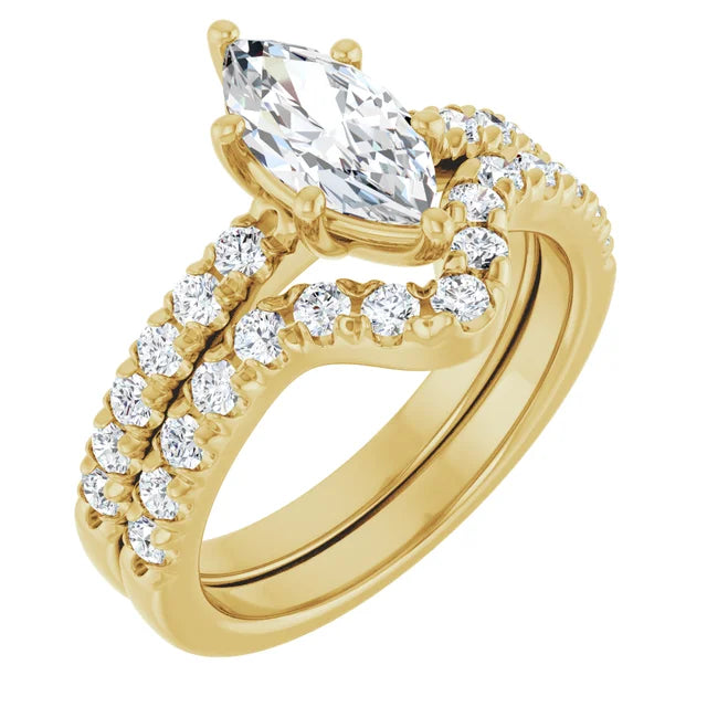 Marquise Yellow Gold Six Claw Pave Band Moissanite Engagement Ring