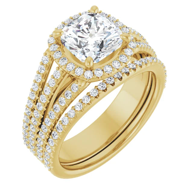 Cushion Yellow Gold Halo Split Pave Moissanite Engagement Ring