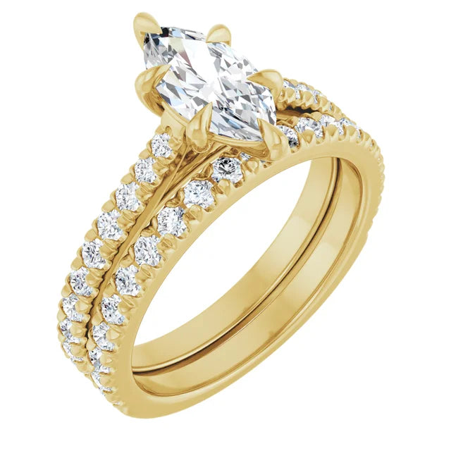 Marquise Yellow Gold Six Claw Pave Moissanite Engagement Ring