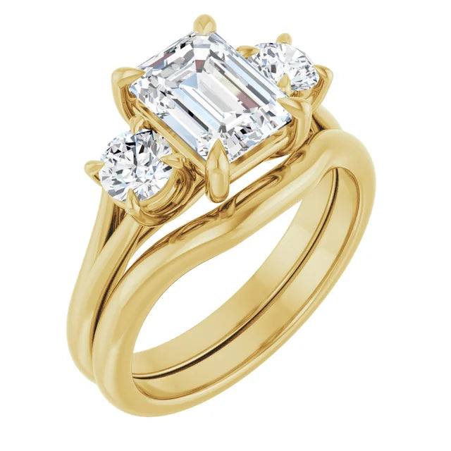 Emerald Yellow Gold Tri Stone Moissanite Engagement Ring