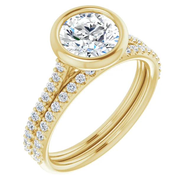 Round Brilliant Yellow Gold Bezel Pave Moissanite Engagement Ring