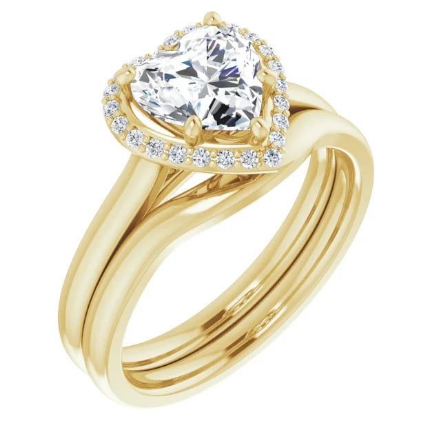 Yellow Gold Heart Halo Solitaire Engagement Ring. Moissanite