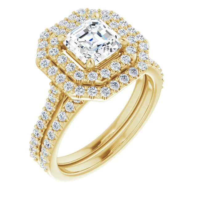 Asscher Double Halo Yellow Gold Moissanite Engagement Ring