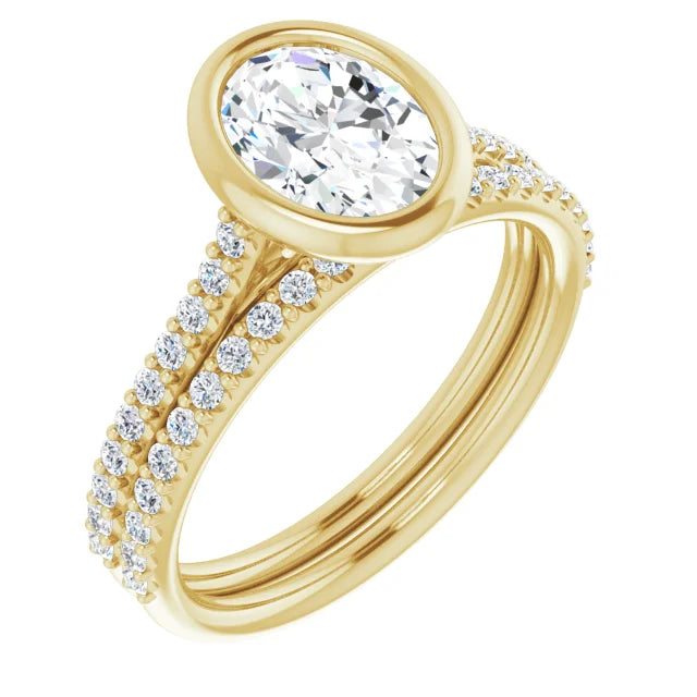 Oval Yellow Gold Bezel Pave Moissanite Engagement Ring