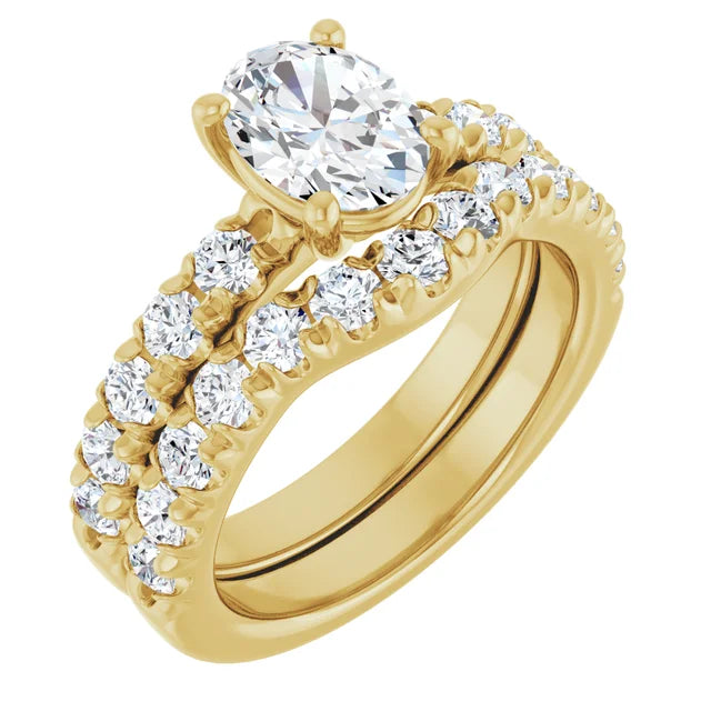 Oval Yellow Gold Four Claw Pave Moissanite Engagement Ring