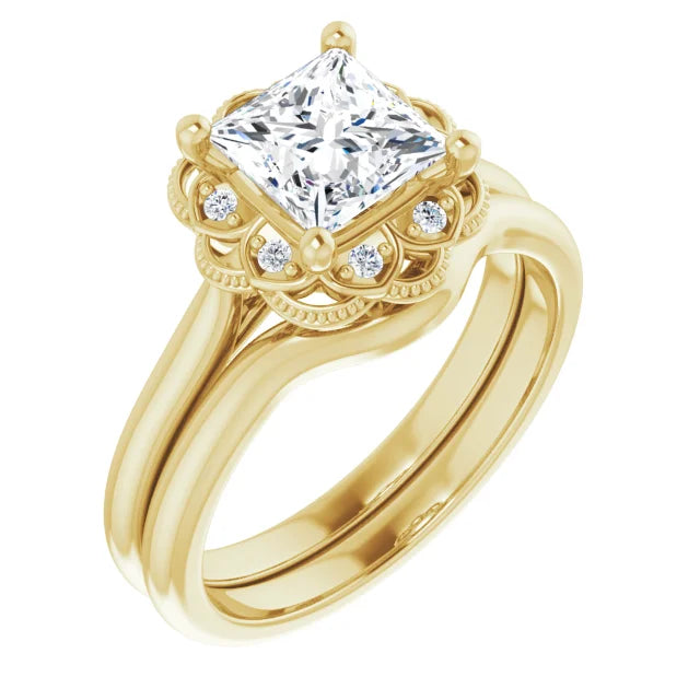 Princess Yellow Gold Halo Moissanite Engagement Ring