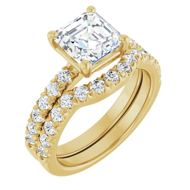 Asscher Yellow Gold Four Claw Pave Band Moissanite Engagement Ring