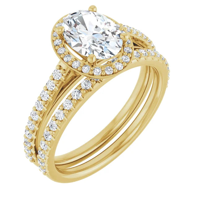Oval Yellow Gold Halo Moissanite Engagement Ring