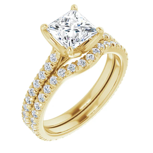 Princess Yellow Gold Pave Moissanite Engagement Ring