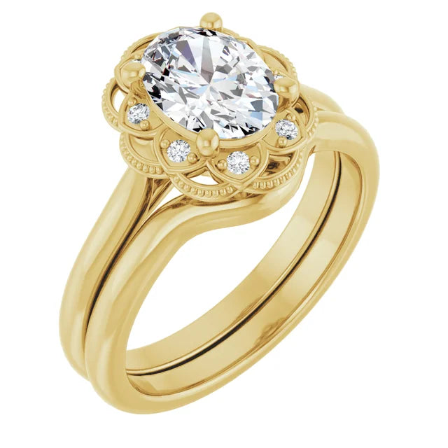 Oval Yellow Gold Halo Moissanite Engagement Ring