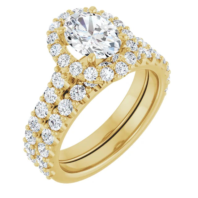Oval Yellow Gold Halo Moissanite Engagement Ring