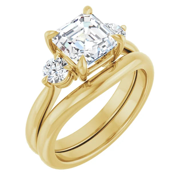 Asscher Yellow Gold Tri Stone Moissanite Engagement Ring