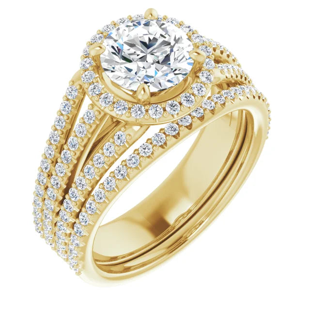 Round Brilliant Yellow Gold Halo Split Pave Moissanite Engagement Ring