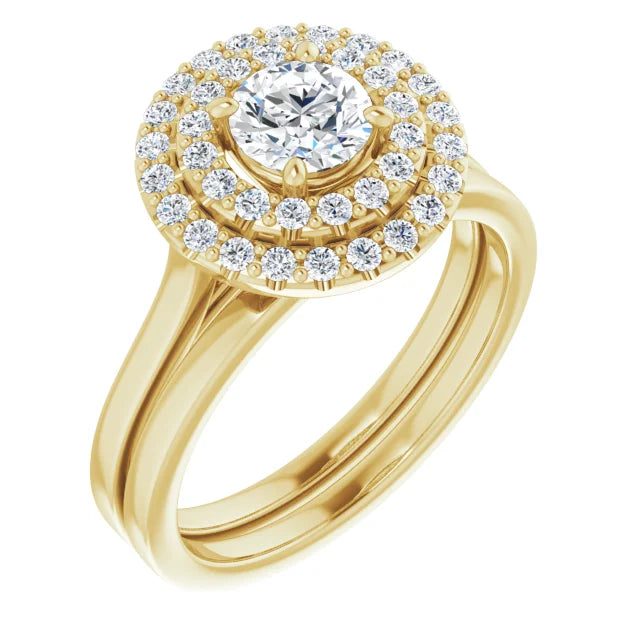 Round Brilliant Yellow Gold Double Halo Solitaire Moissanite Engagement Ring