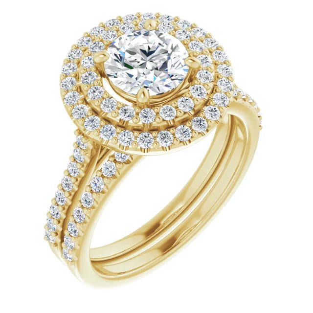 Round Brilliant Double Halo Yellow Gold Moissanite Engagement Ring