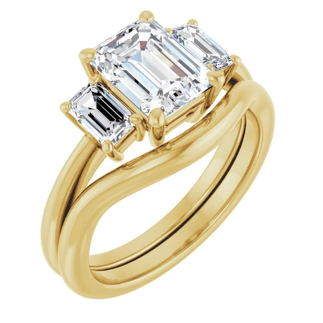 Emerald Yellow Gold Tri Stone Moissanite Engagement Ring