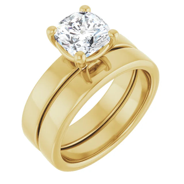 Cushion Yellow Gold Wide Band Solitaire Moissanite Engagement Ring
