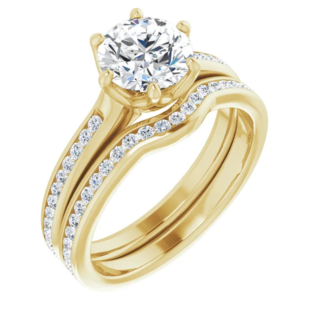 Round Brilliant Yellow Gold Six Claw Channel Set Moissanite Engagement Ring