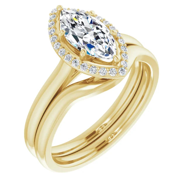 Yellow Gold Marquise Halo Solitaire Engagement Ring. Moissanite