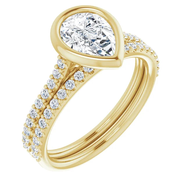 Pear Yellow Gold Bezel Pave Moissanite Engagement Ring