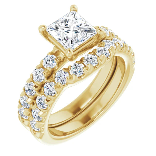 Princess Yellow Gold Four Claw Pave Moissanite Engagement Ring