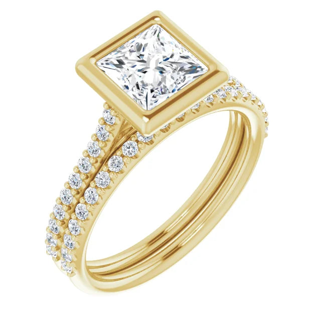 Princess Yellow Gold Bezel Pave Moissanite Engagement Ring