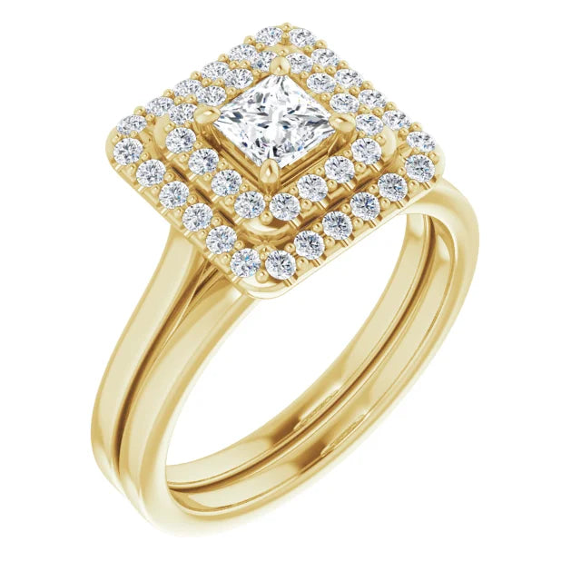 Princess Yellow Gold Double Halo Solitaire Moissanite Engagement Ring