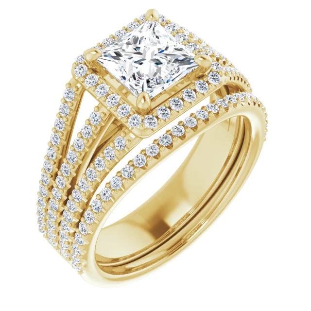 Princess Yellow Gold Halo Split Pave Moissanite Engagement Ring