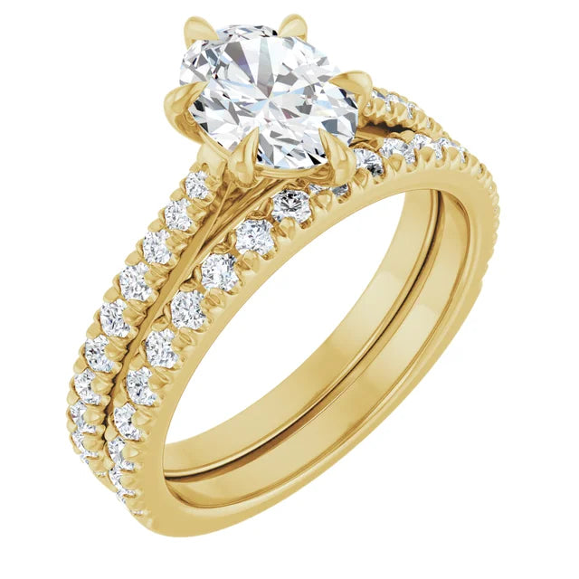 Oval Yellow Gold Six Claw Pave Moissanite Engagement Ring