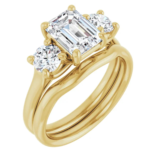 Emerald Yellow Gold Tri Stone Moissanite Engagement Ring
