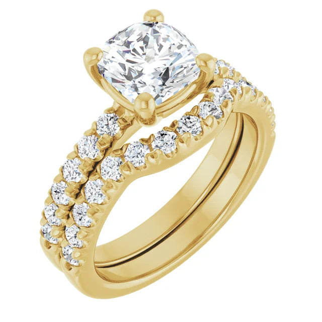 Cushion Yellow Gold Four Claw Pave Band Moissanite Engagement Ring