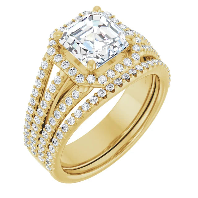 Asscher Yellow Gold Halo Split Pave Moissanite Engagement Ring