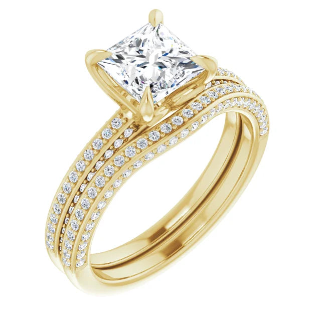Princess Yellow Gold Pave Moissanite Engagement Ring