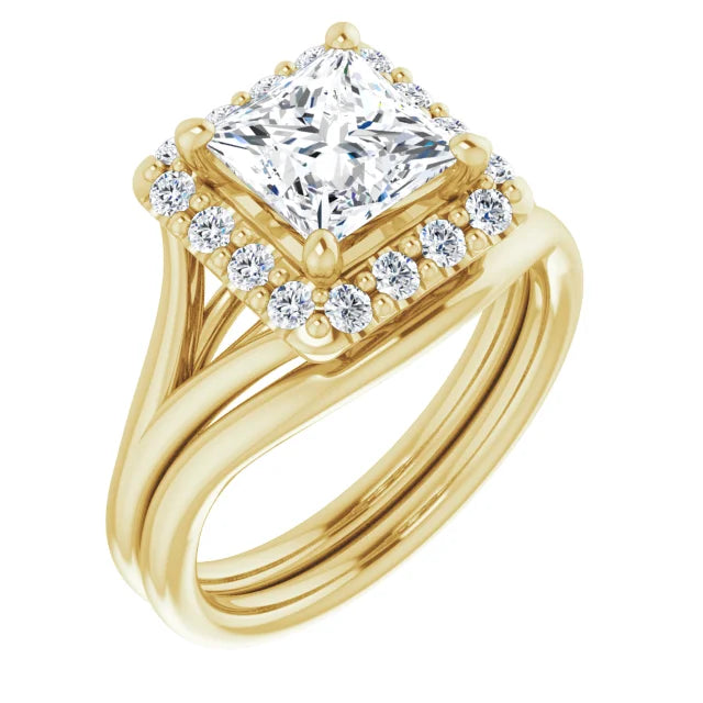 Princess Yellow Gold Halo Solitaire Split Band Moissanite Engagement Ring