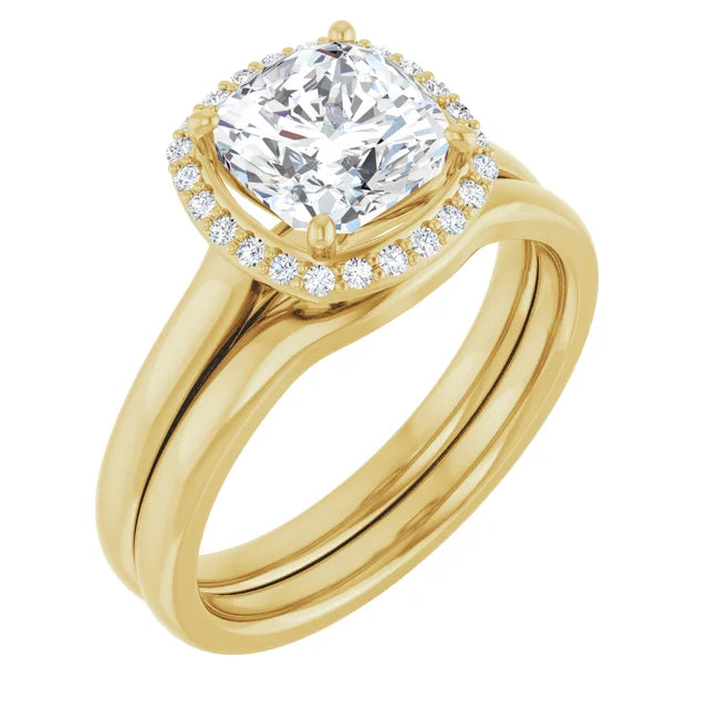 Yellow Gold Cushion Halo Solitaire Engagement Ring. Moissanite
