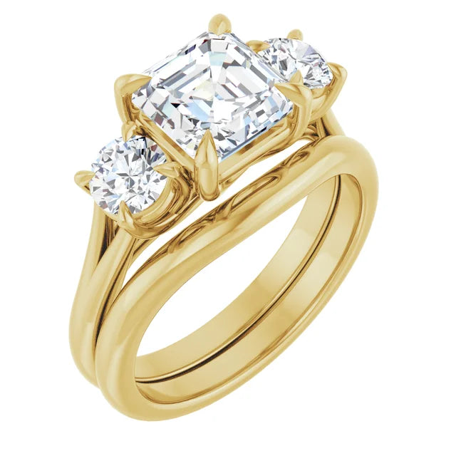 Asscher Yellow Gold Tri Stone Moissanite Engagement Ring