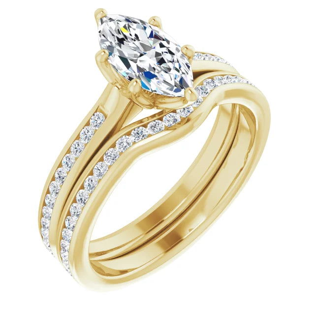Marquise Yellow Gold Six Claw Channel Set Moissanite Engagement Ring