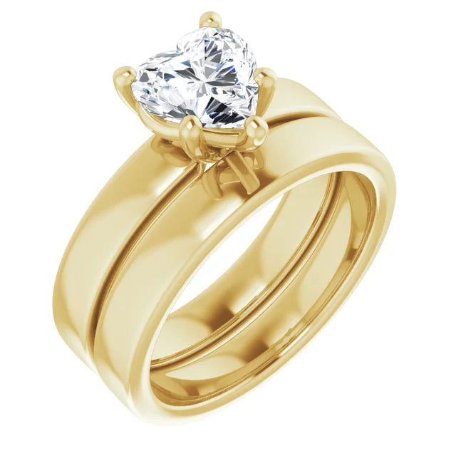 Heart Yellow Gold Wide Band Solitaire Moissanite Engagement Ring