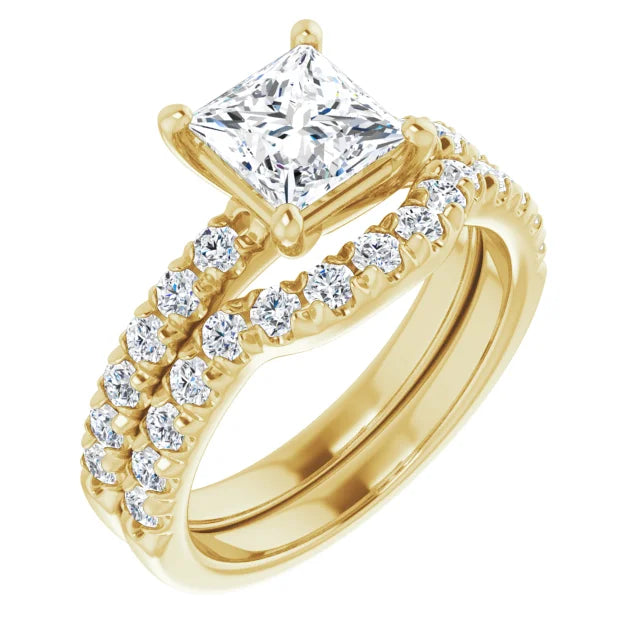 Princess Yellow Gold Four Claw Pave Band Moissanite Engagement Ring