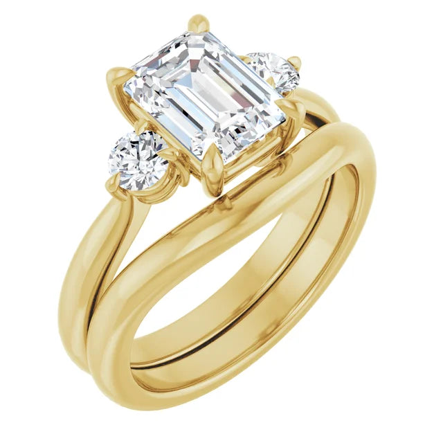 Emerald Yellow Gold Tri Stone Moissanite Engagement Ring