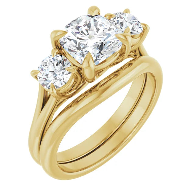 Cushion Yellow Gold Tri Stone Moissanite Engagement Ring