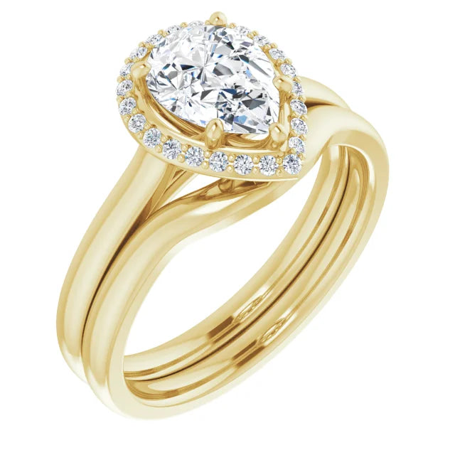 Yellow Gold Pear Halo Solitaire Engagement Ring. Moissanite
