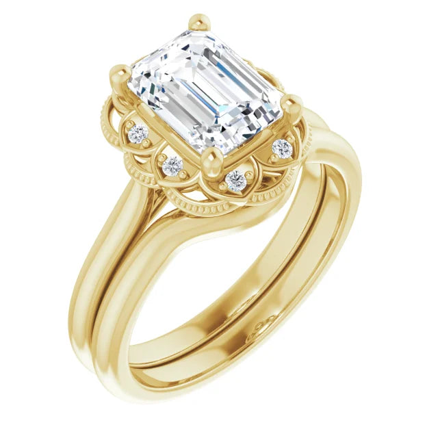 Emerald Yellow Gold Halo Moissanite Engagement Ring